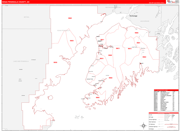 Kenai Peninsula Borough (County), AK Zip Code Wall Map